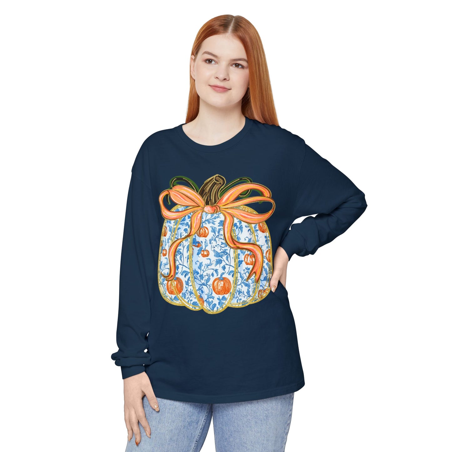 Blue Pumpkin Long Sleeve Comfort Color, Fall Fashion Tee, Autumn Style, Cozy Casual Wear, Thanksgiving Gift