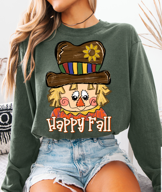 Autumn Scarecrow T-Shirt, Happy Fall Long Sleeve Tee, Unisex Fall Apparel, Harvest Festival Shirt, Thanksgiving Gift, Cozy Fall Fashion