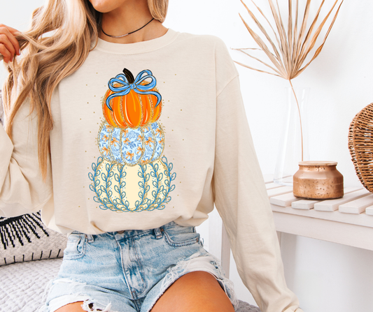 Pumpkin Stack Long Sleeve Comfort Color Fall Fashion, Thanksgiving Gift, Cozy Layer, Eco-friendly Shirt, Seasonal Wardrobe