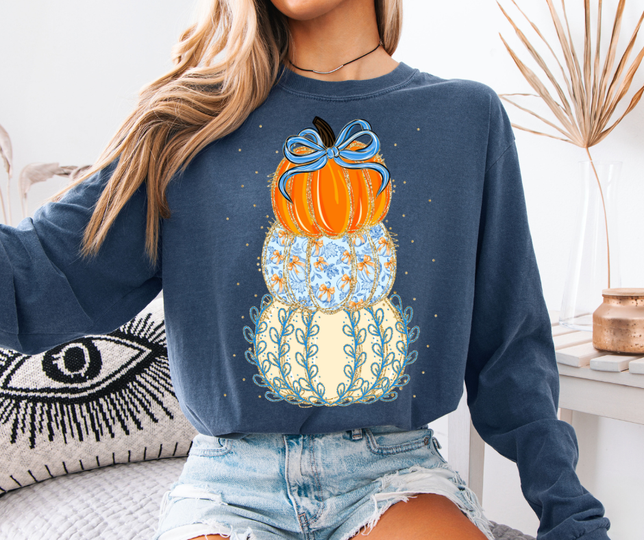 Pumpkin Stack Long Sleeve Comfort Color Fall Fashion, Thanksgiving Gift, Cozy Layer, Eco-friendly Shirt, Seasonal Wardrobe