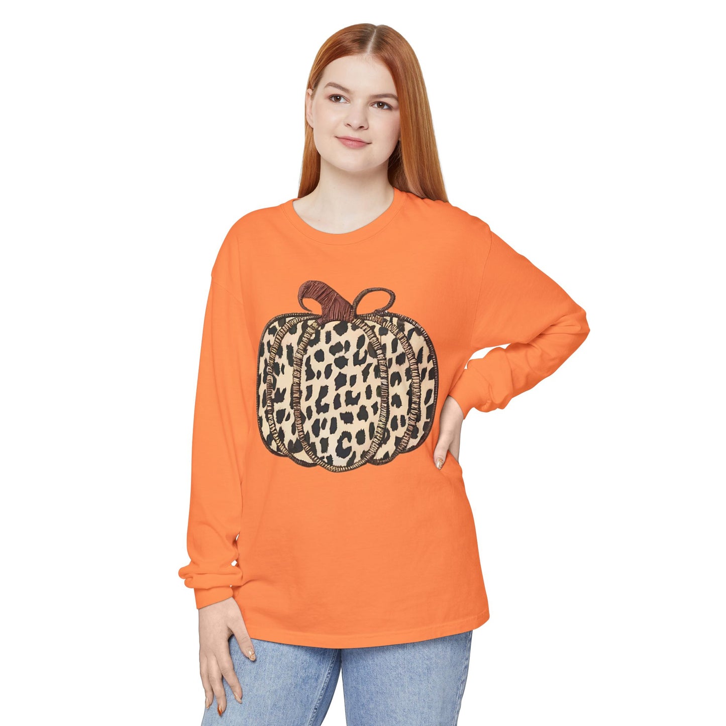 Leopard Pumpkin Long Sleeve Comfort Color Fall Fashion, Halloween Outfit, Thanksgiving Gift, Cozy Style for All
