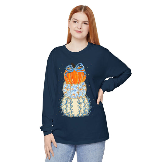 Pumpkin Stack Long Sleeve Tee - Fall Fashion, Thanksgiving Gift, Cozy Layer, Eco-friendly Shirt, Seasonal Wardrobe