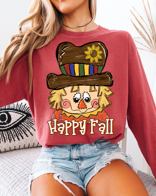 Autumn Scarecrow T-Shirt, Happy Fall Long Sleeve Tee, Unisex Fall Apparel, Harvest Festival Shirt, Thanksgiving Gift, Cozy Fall Fashion