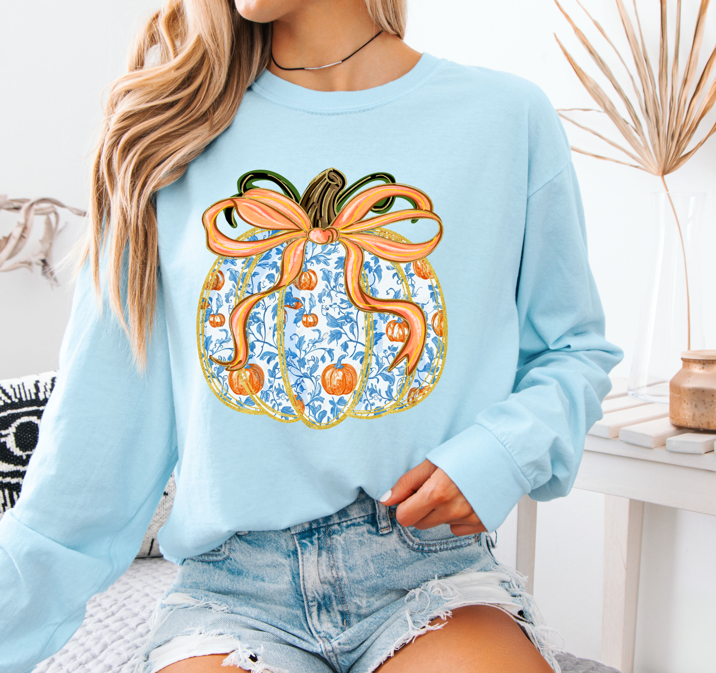 Blue Pumpkin Long Sleeve Comfort Color, Fall Fashion Tee, Autumn Style, Cozy Casual Wear, Thanksgiving Gift