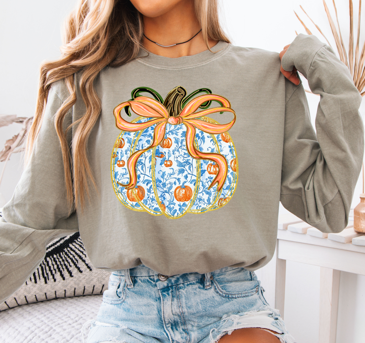 Blue Pumpkin Long Sleeve Comfort Color, Fall Fashion Tee, Autumn Style, Cozy Casual Wear, Thanksgiving Gift