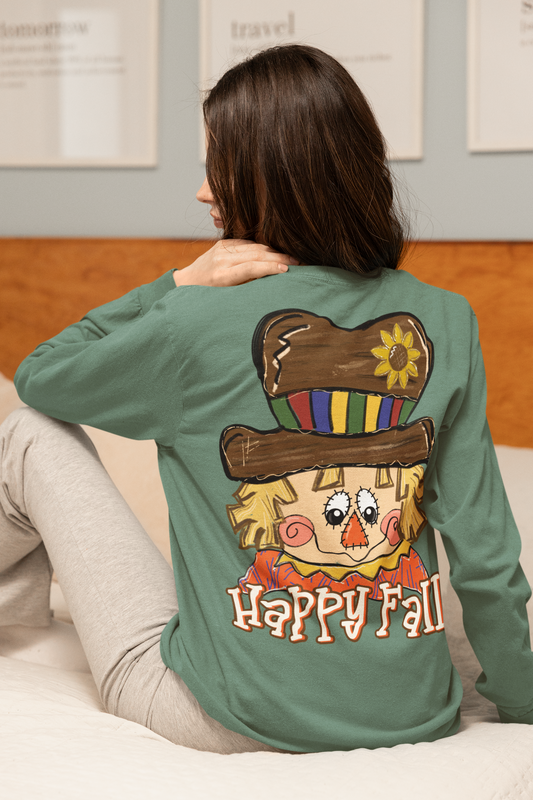 Autumn Scarecrow T-Shirt, Happy Fall Long Sleeve Comfort Color Fall Apparel, Harvest Festival Shirt, Thanksgiving Gift, Cozy Fall Fashion