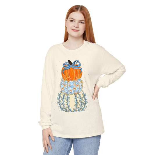 Pumpkin Stack Long Sleeve Tee - Fall Fashion, Thanksgiving Gift, Cozy Layer, Eco-friendly Shirt, Seasonal Wardrobe